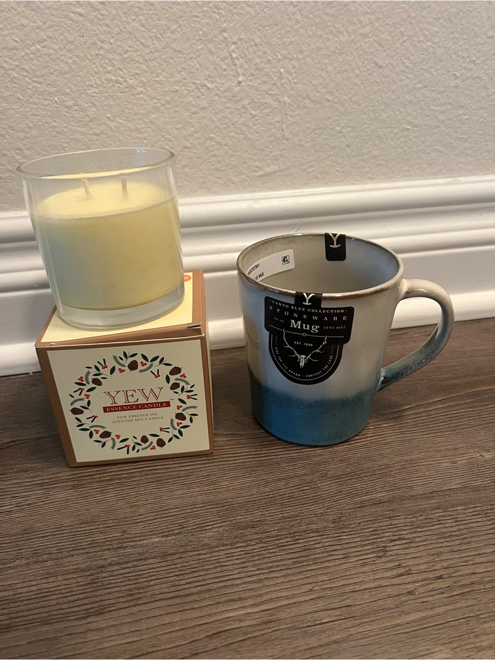 Yellowstone 15 fl oz Canto Blue Reactive Ceramic Mug and candle bundle